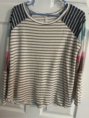 Moss & Spy Cream, Tan, Navy, Mint & Pink Striped Raglan Long-Sleeve Top